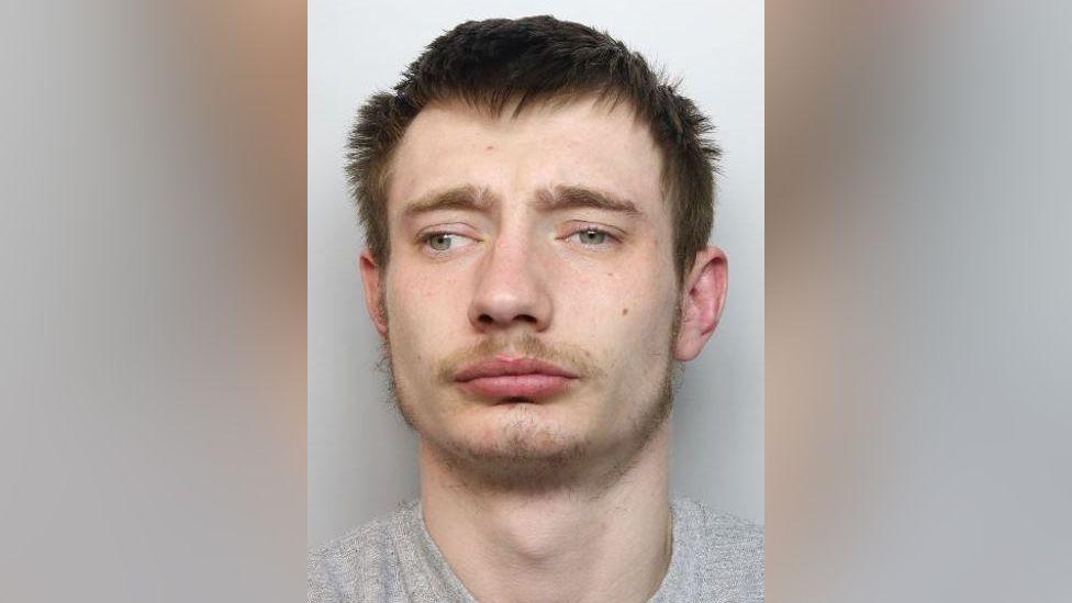 A police custody photo of a man with brown hair and a thin beard wearing a grey t-shirt.