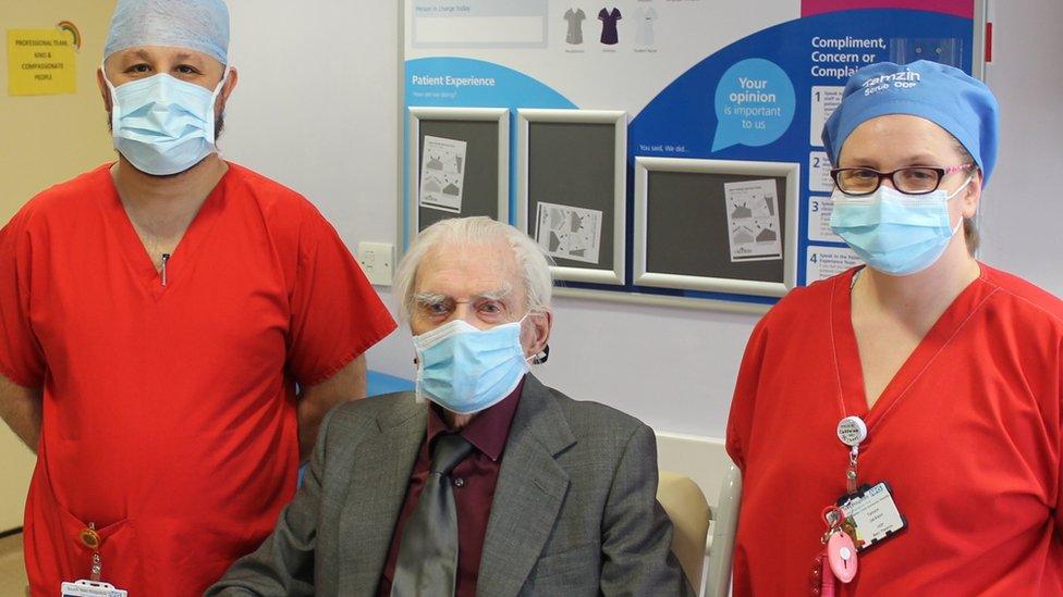 Auditory implant surgeon Norween Ahmad (left) with Leslie Hodgson and Tamzin Jackson, Operating department practitioner (right).