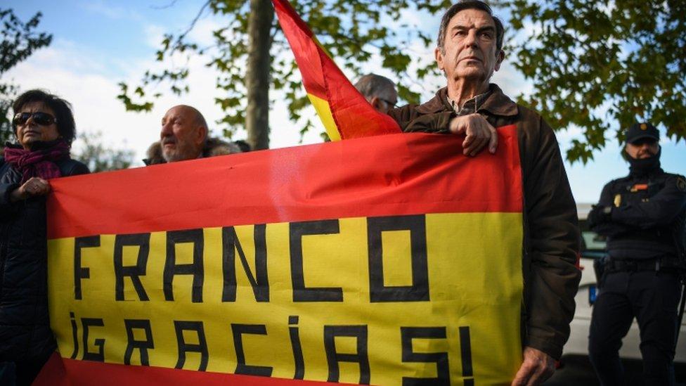 Supporters of Francisco Franco gather near Mingorrubio cemetery before his exhumation on October 24, 2019