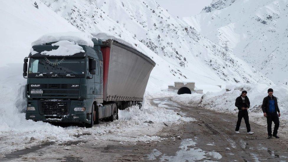 Lorry buckling under weight of snow