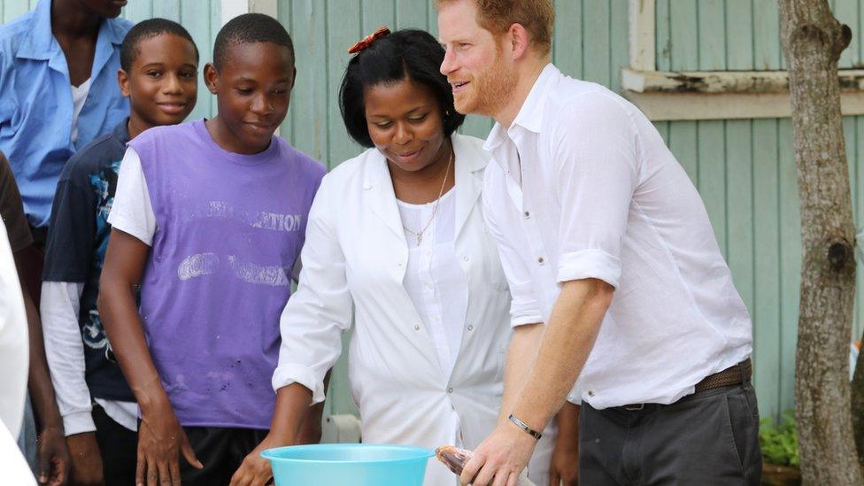 Prince Harry guts a fish during his visit to Sir McChesney George High School.