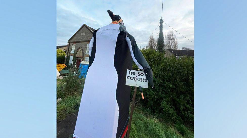 A penguin artwork covers a phone box in a village. It is black and white with an orange beak. Is is holding a sign that reads: "I'm so confused." There is an old chapel that is being renovated in the background and building materials can be seen in front of it.