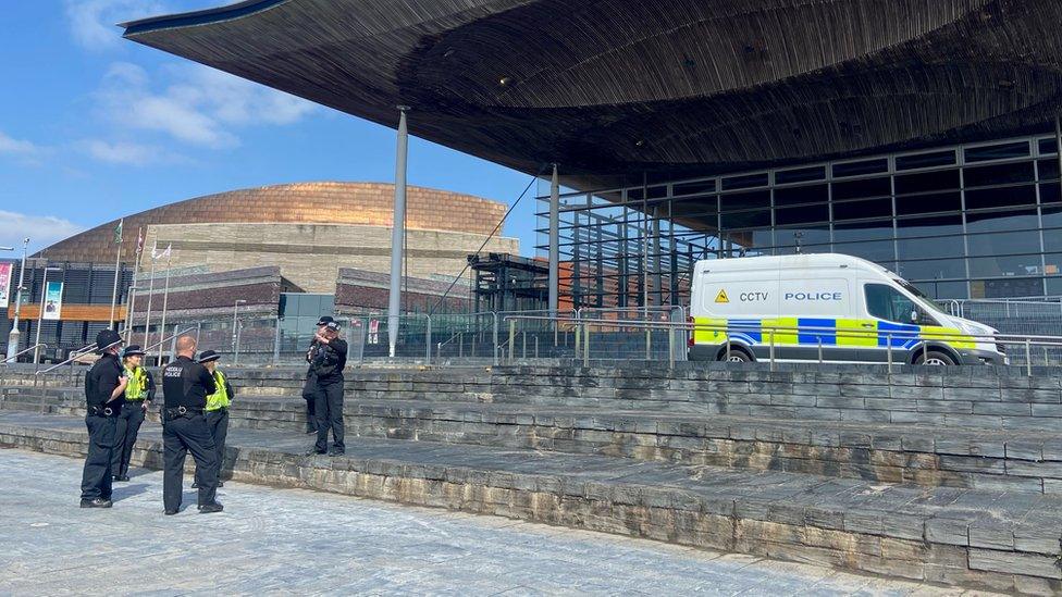 Police outside the Senedd (file photo)