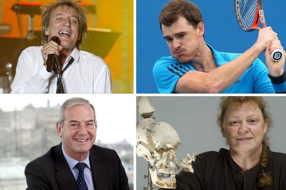 Clockwise from top left, Rod Stewart, Jamie Murray, Lord Smith and Prof Sue Black