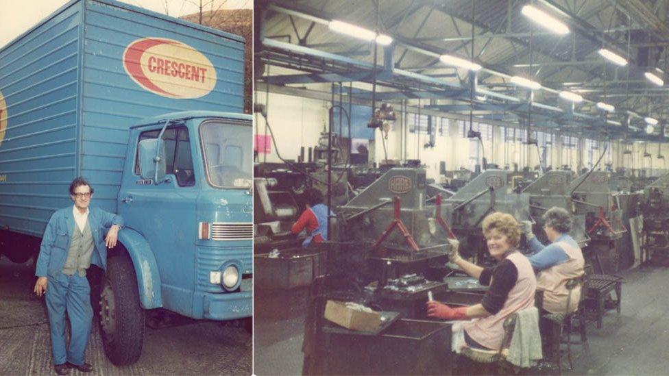 A Crescent Toys delivery driver and women working on the Cwncarn factory shop floor