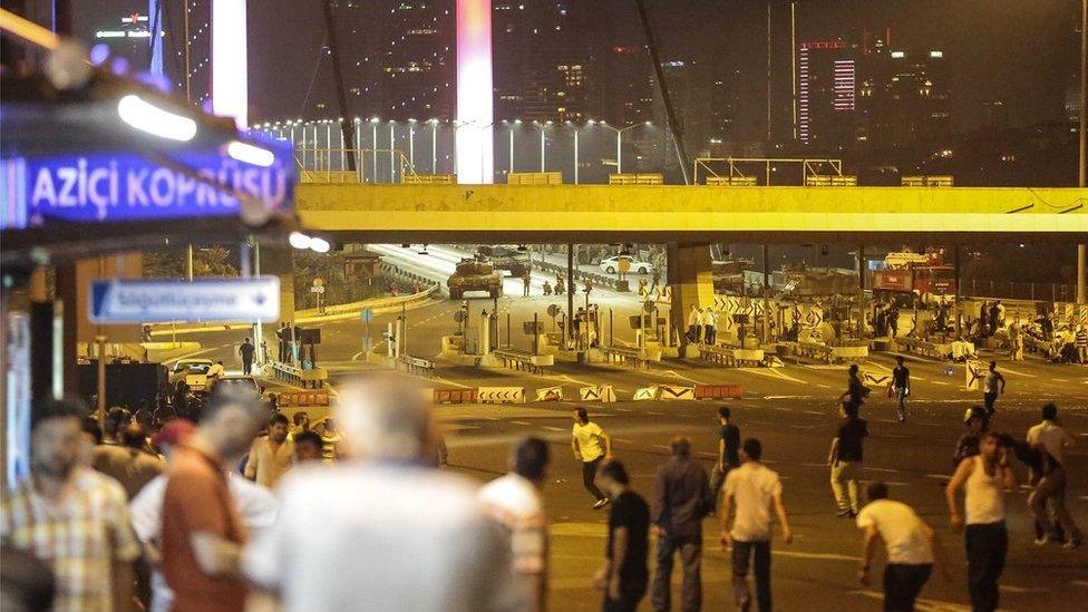 People clash with the Turkish military at the entrance to the Bosphorus bridge