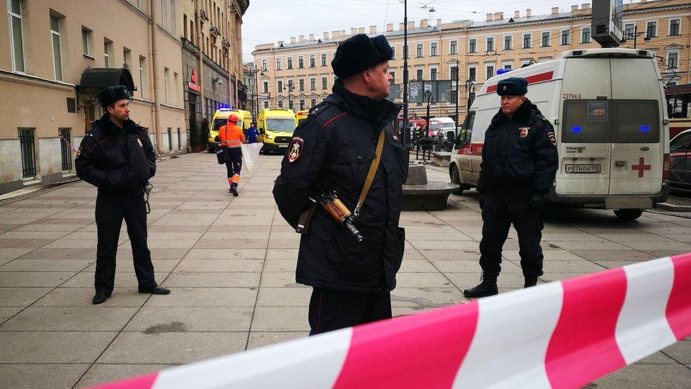 Police guard the area at the entrance to Tekhnologichesky Institut metro station in St Petersburg, Russia, 3 April 2017