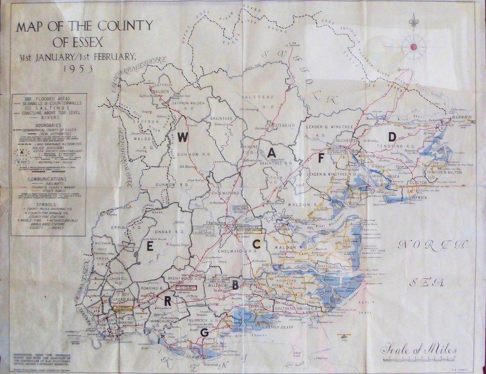 A map of Essex showing areas flooded in 1953