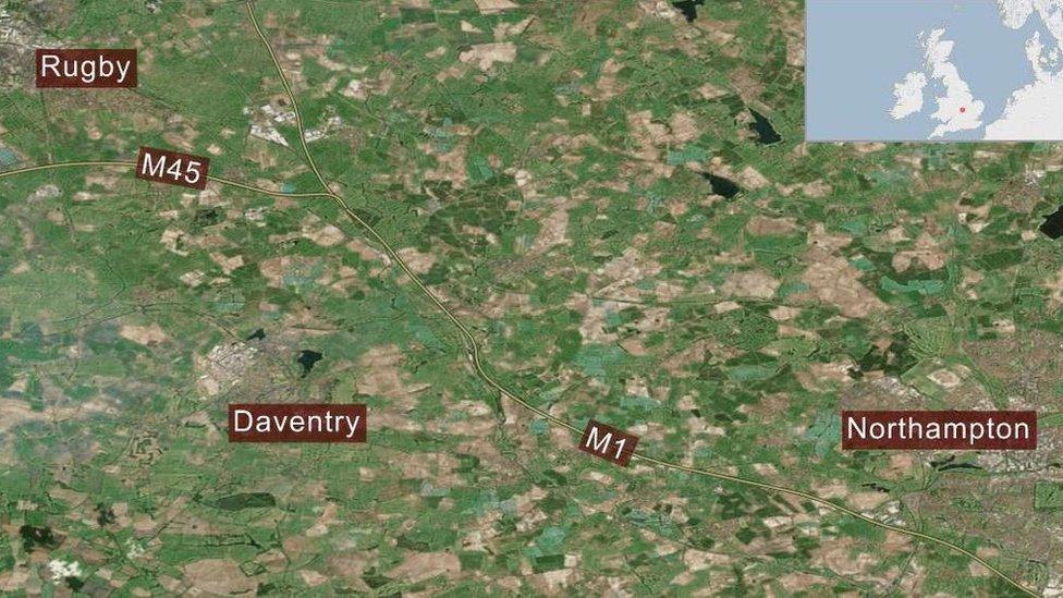 Map showing Rugby, Daventry, Northampton and the M1.