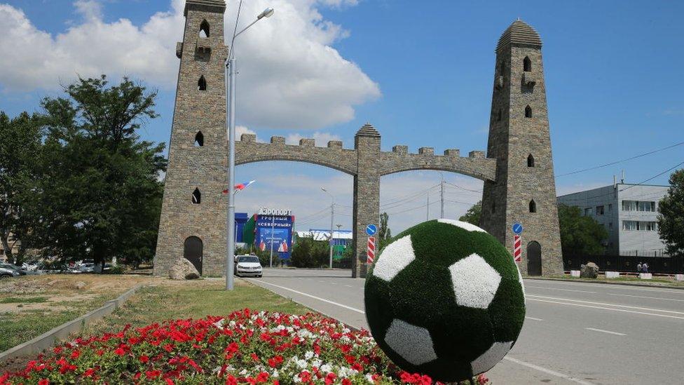 : A football flowerbed near an arch at the entrance to the Grozny Airport in Grozny, Russia's Chechen Republic, before the arrival of Egypt's national football team ahead of the FIFA World Cup Russia 2018.