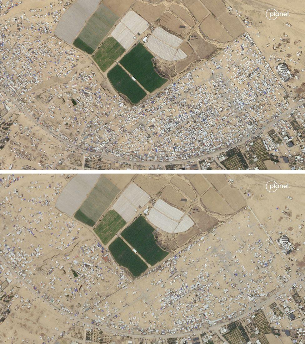 Satellite images from Planet show the dismantling of tents and shelters in the Rafah area between 5 May 2024 (top) and 8 May 2024 (bottom)