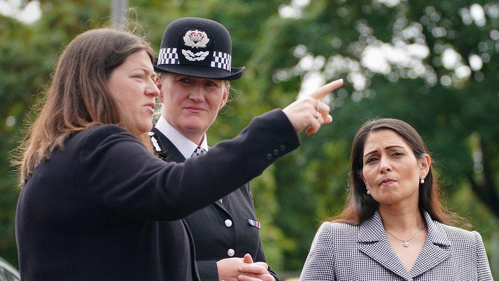 Emily Spurrell, Police and Crime Commissioner for Merseyside, Chief Constable Serena Kennedy and Home Secretary Priti Patel in Liverpool