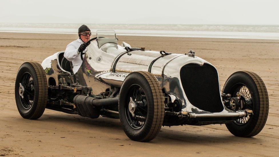 The aero-engined Napier Railton driving along Pendine Sands in support of Sir Malcolm Campbell's Blue Bird. The drive was to mark the 90th anniversary of Campbell's land speed record. Picture taken by Steve Huggett, of Gorslas, Carmarthenshire.