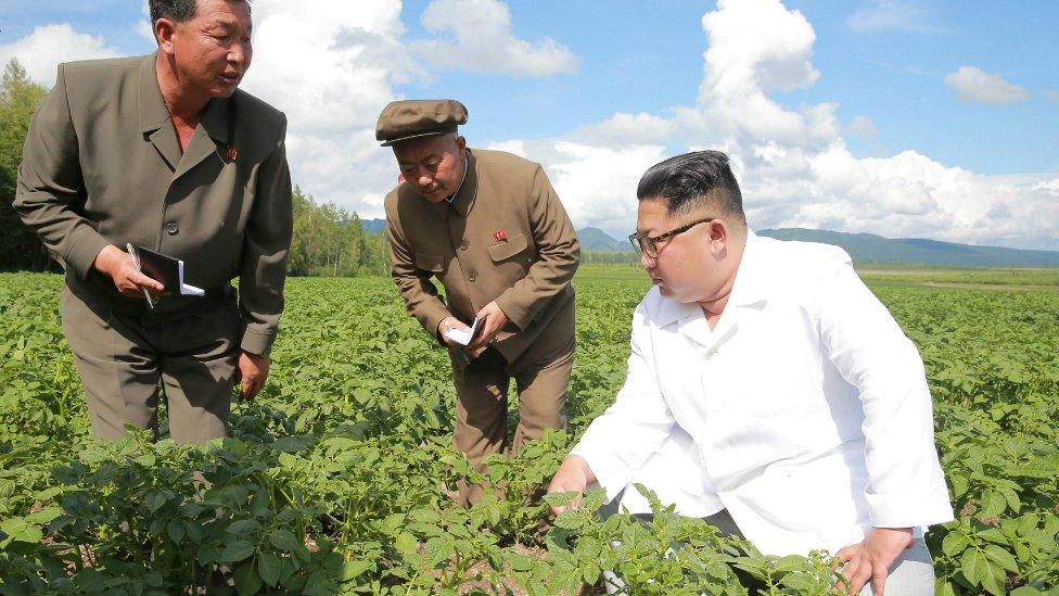 North Korea leader Kim Jong-un inspects Chunghung farm in Samjiyon County in this undated photo released by KCNA news agency on July 10, 2018