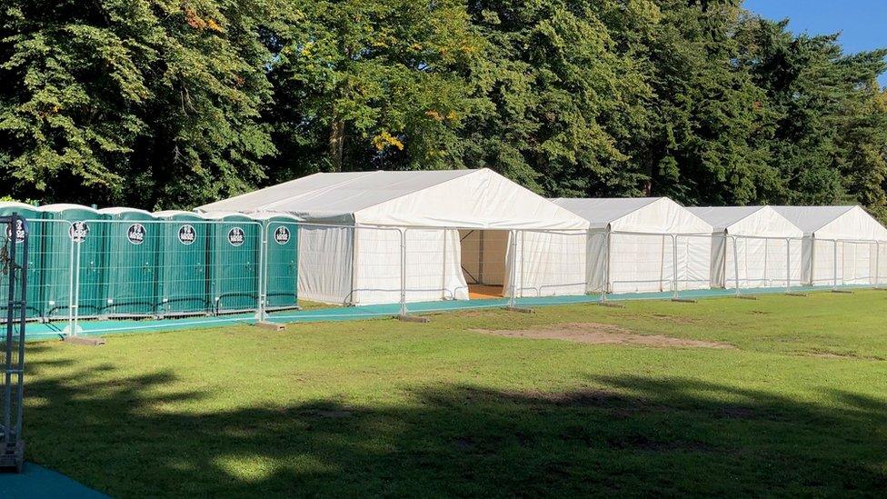 temporary classrooms and portaloos