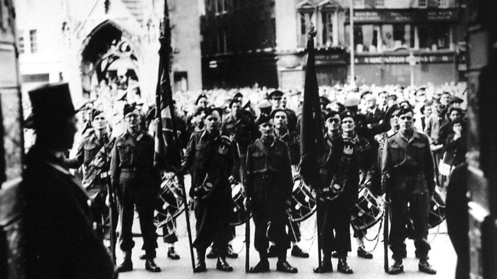 Parade for return of Cambridgeshire Regiment's drums