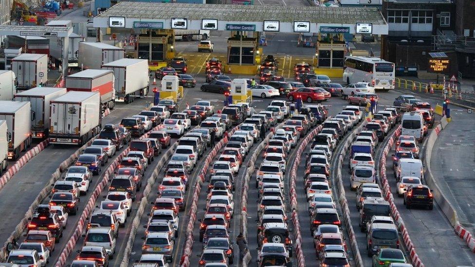 Traffic queues for ferries at the Port of Dover in Kent as people travel to their destinations for the Christmas period