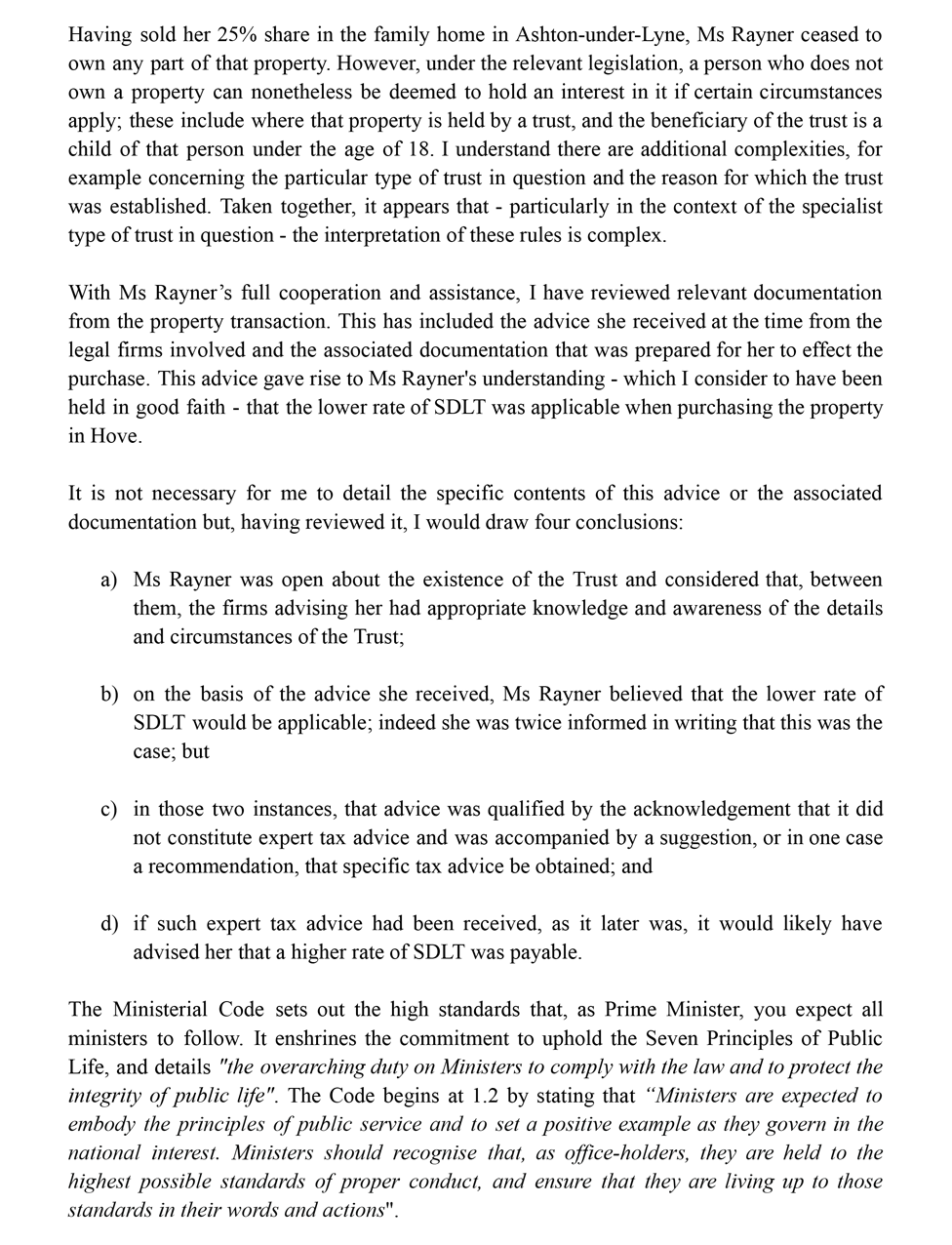 The second page of Sir Laurie Magnus's letter from the e Independent Adviser on Ministerial Standards, acknowledging Angela Rayner broke the Ministerial Code.