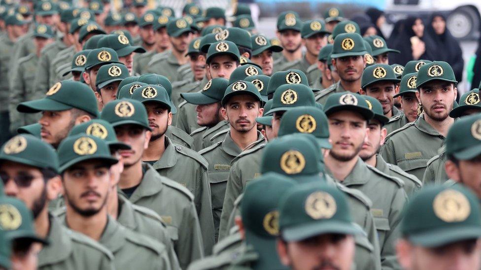 Members of Iran's Islamic Revolution Guards Corps (IRGC) at a parade on 11 February 2019