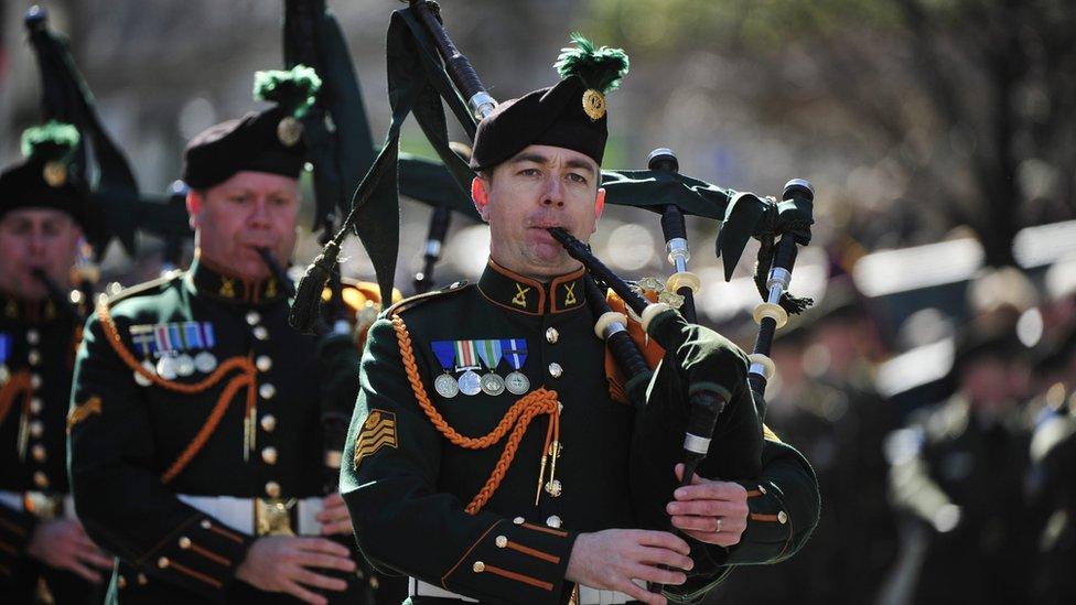 Bagpipers from the Irish defence forces during the parade outside the GPO