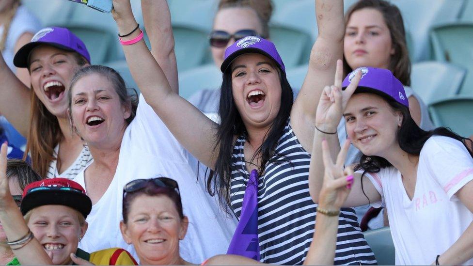 Fans show their support during the Women's Big Bash League match between the Sydney Thunder and the Hobart Hurricanes at Aurora Stadium on January 5, 2017