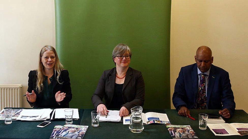 Green party candidate for London mayor, Sian Berry (L), and Green Party candidates for the London Assembly in 2016 Caroline Russell and Shahrar Ali (R)