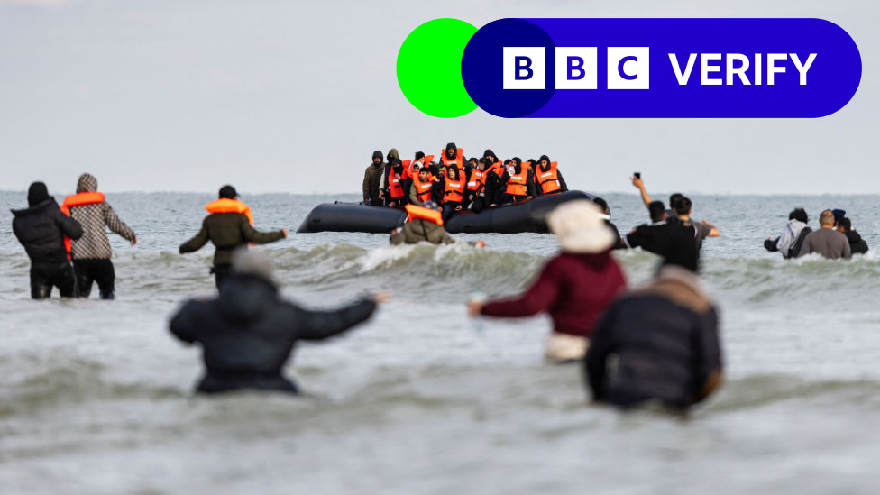 Migrants wave to a smuggler's boat in an attempt to cross the English Channel, on the beach of Gravelines, near Dunkirk, northern France