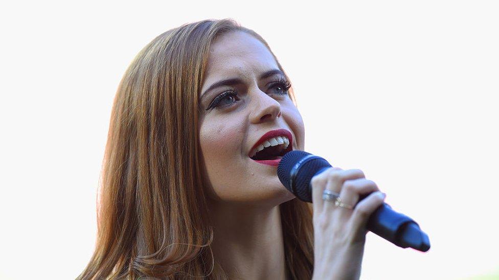 Sophie Evans singing the anthem at the Euro 2016 qualifier between Wales and Israel at Cardiff City Stadium