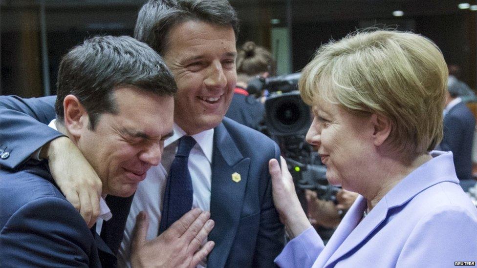 Greek Prime Minister Alexis Tsipras (L-R), Italian Prime Minister Matteo Renzi and German Chancellor Angela Merkel attend a European Union leaders summit in Brussels, Belgium, June 25, 2015