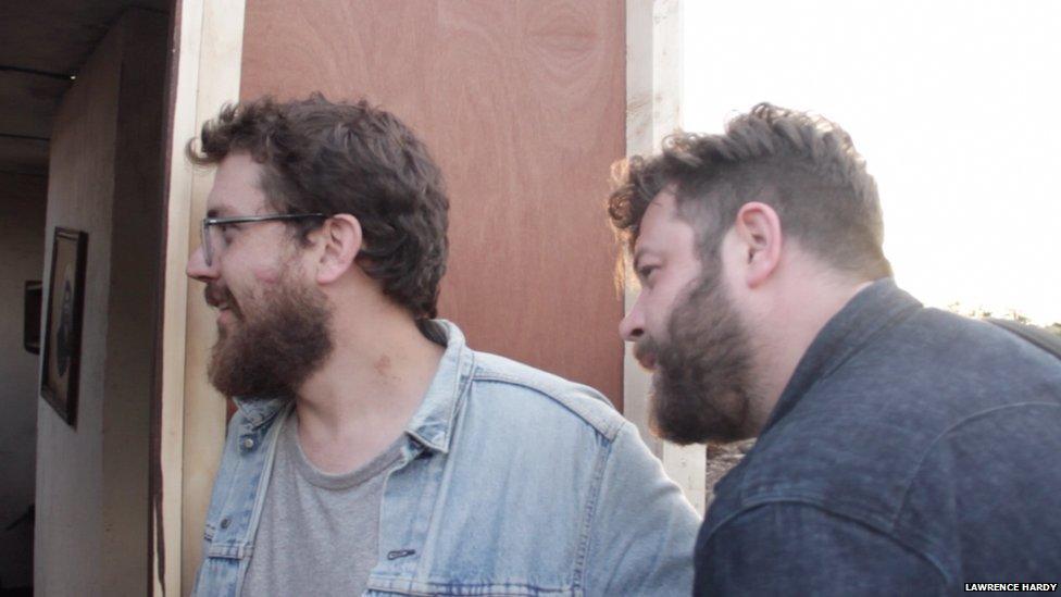 Davie and Kev from Bear's Den on the set of the Auld Wives video.