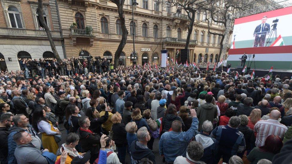 Peter Magyar delivers his speech during a demonstration in the centre of Budapest on March 15, 2024, on National Day that marks the Hungarian revolution against the Austrian Empire in 1848