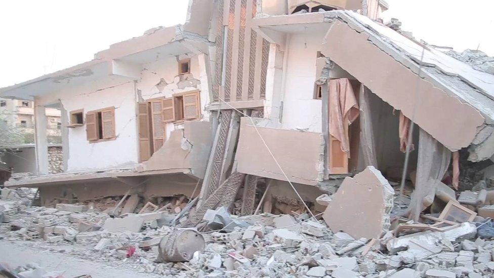 Photograph posted by anti-IS activist group purportedly showing destruction in the Badu district of Raqqa (21 August 2017)