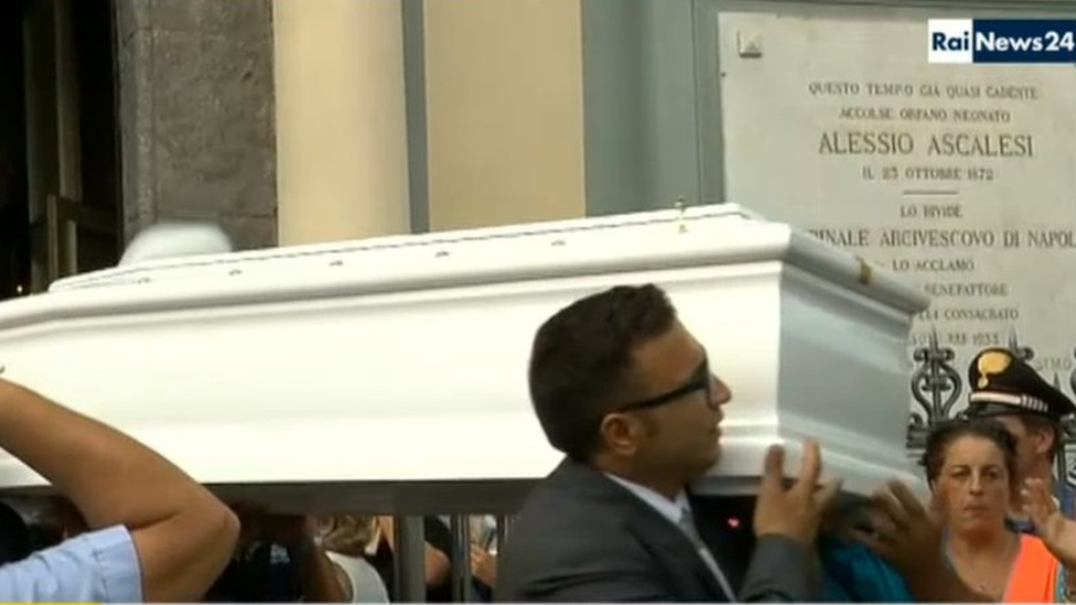 Screen Grab of Rai News24, of Tiziana's coffin being carried out of church, 15 September 2016