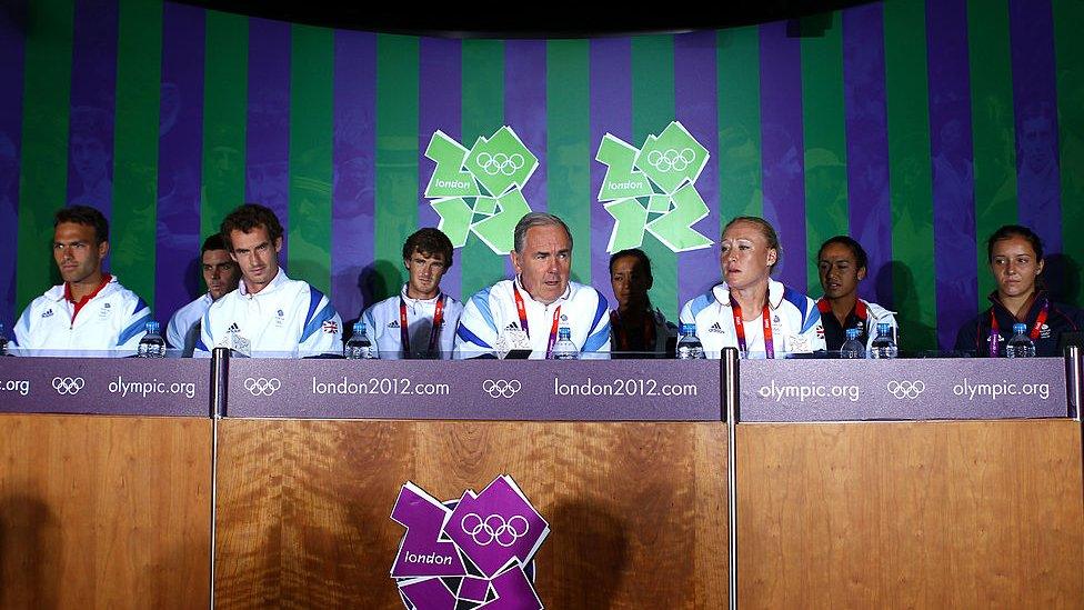 Team GB Tennis team (L-R) Ross Hutchins, Colin Fleming, Andy Murray, Jamie Murray, Team Leader Paul Hutchins, Anne Keothavong, Elena Baltacha, Heather Watson and Laura Robson