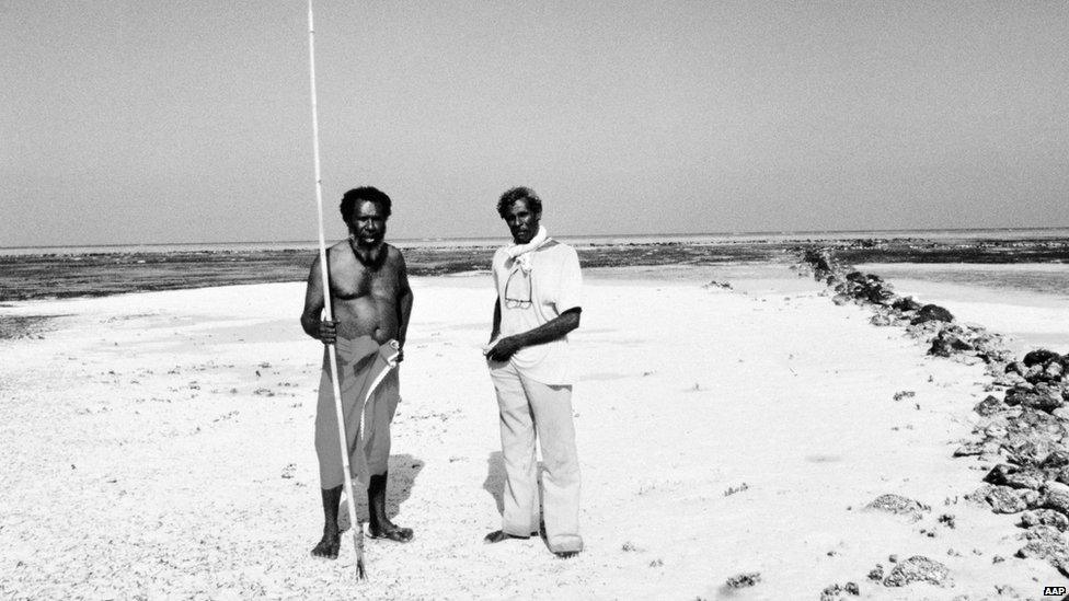 Eddie Mabo (left) and Jack Wailu at home on the island of Mer, Torres Strait, 1990