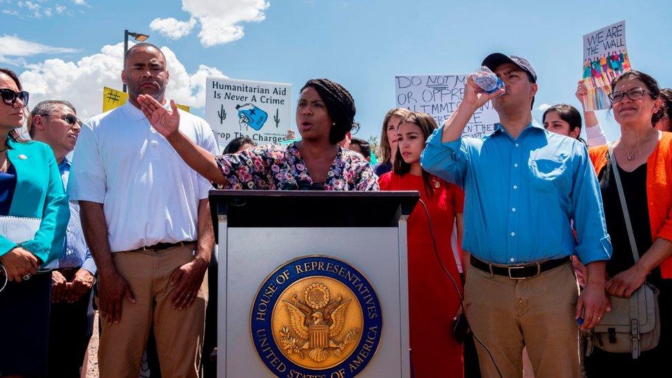 US Representative Ayanna Pressley (D-MA) speaks during a press conference following a tour in Border Patrol facilities and migrant detention centres for 15 members of the Congressional Hispanic Caucus