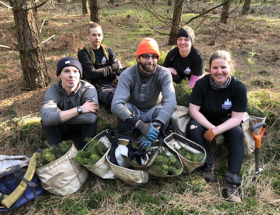 Tree planters resting in Thetford Forest