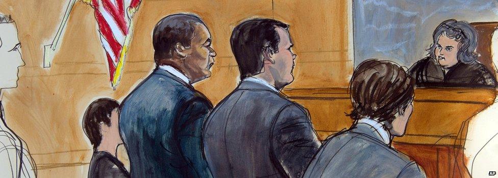 Courtroom drawing of former Fifa official Jeffrey Webb, left, appearing before United States Magistrate Judge Vera M Scanlon, right, for arraignment on racketeering and bribery charges, in New York on Saturday