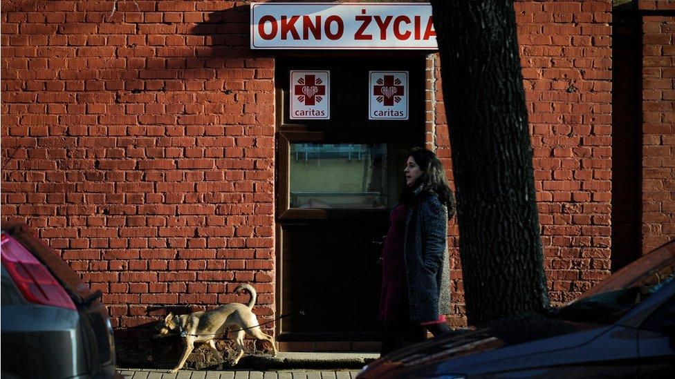 A baby hatch with the words Window of LIfe is seen on Hoza street in Warsaw, Poland on April 2, 2018