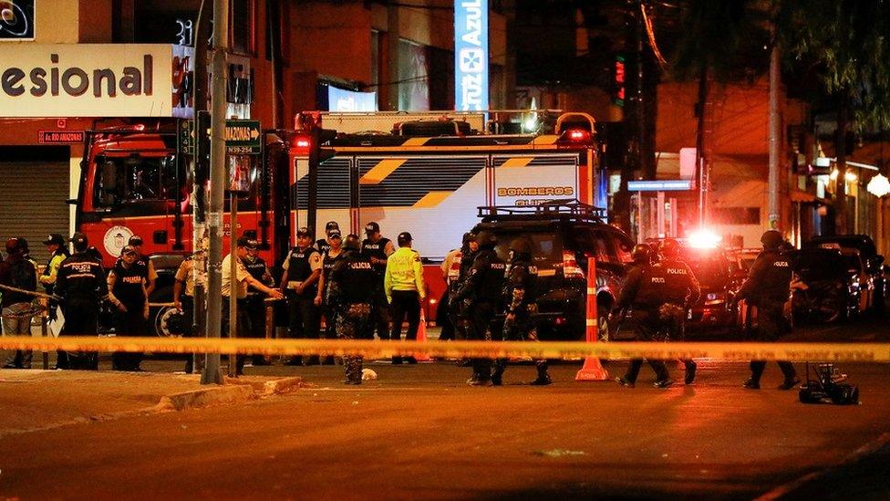 Police officers work outside the rally site where Ecuadorean presidential candidate Fernando Villavicencio was killed at a campaign event in Quito, Ecuador August 9, 2023.