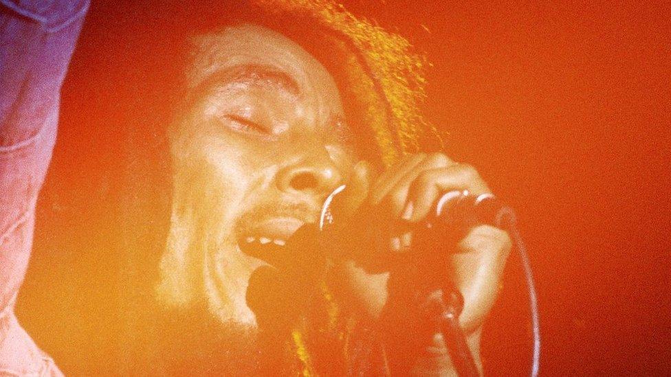 Bob Marley performing on stage in the US in 1979