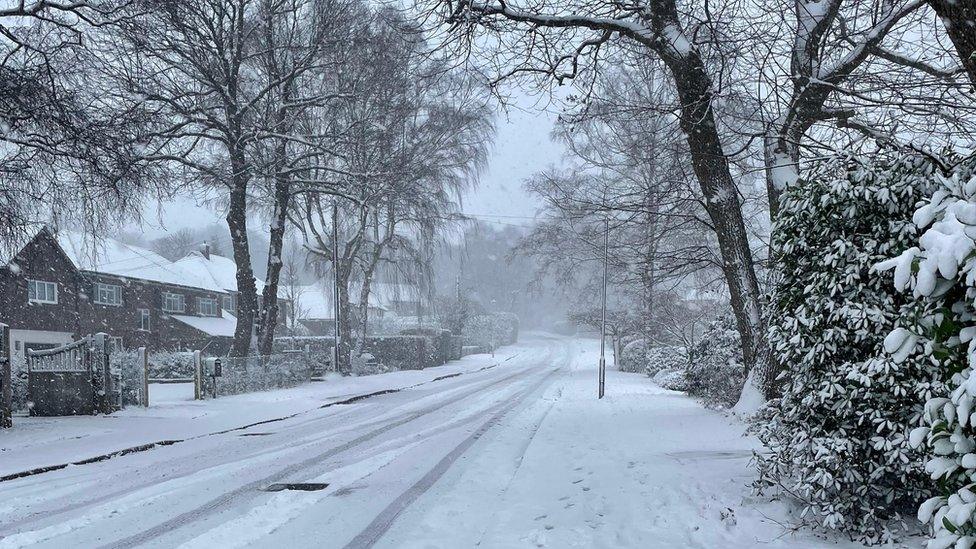 A snow-covered street in Sevenoaks, Kent