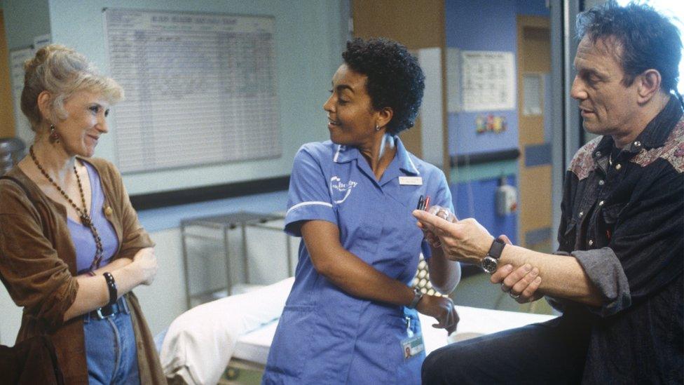 Picture shows Anita Dobson as Elaine, Adjoa Andoh as Colette and Murray Head as Billy in an episode of Casualty broadcast in 2000