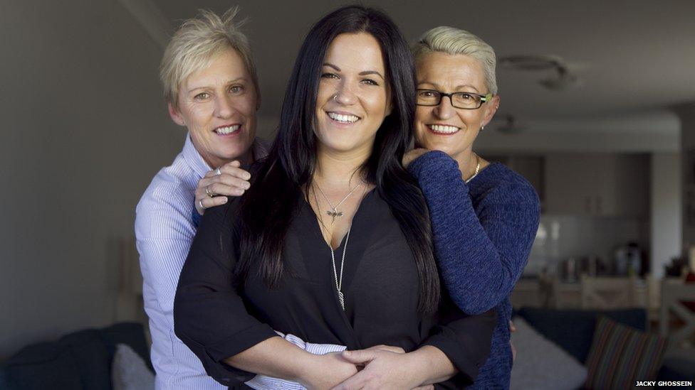 Lori Saywell (centre) with her mum Deb Saywell (right) and Deb's partner Sue Rochford (left)