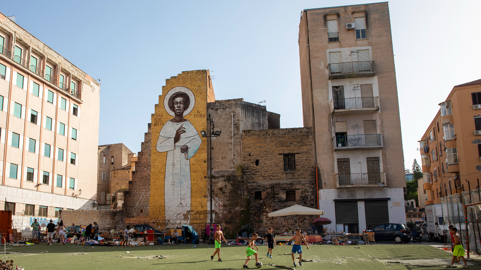 A mural of Saint Benedict in Palermo, Sicily, Italy