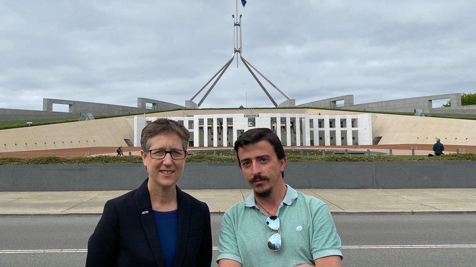 Theo Seremetidis with Sally McManus from the Australian Council of Trade Unions outside Parliament House in Canberra