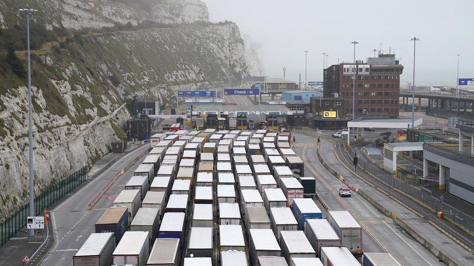 Freight lorries queuing at the port of Dover in Kent