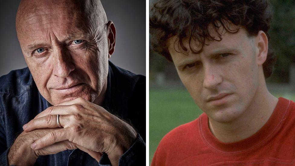 Two pictures of Paul Usher, one with a bald head and a blue shirt staring into the camera and the other with black curly short hair and a red jumper staring into the camera