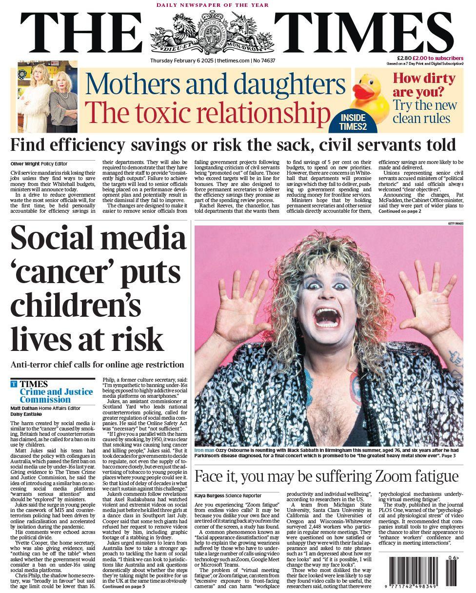 The Times front page with headline: Social media 'cancer' puts children's lives at risk