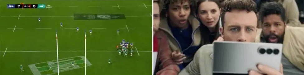 Image showing a split screen of France v Ireland and an advert for a mobile phone